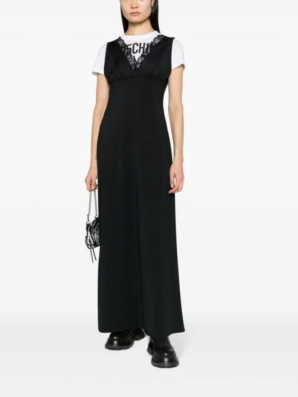 Moschino Logo-Print Layered Lace Trim Maxi Dress - Size 38